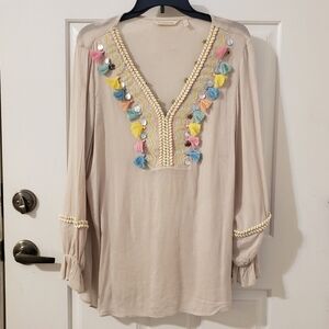 SOFT SURROUNDINGS Cream with Blue and Pink Embroidered Tasseled Boho Tunic